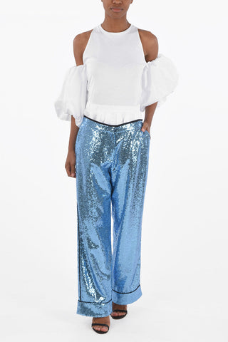 Sequined Fabric Palazzo Pants with Cuffs