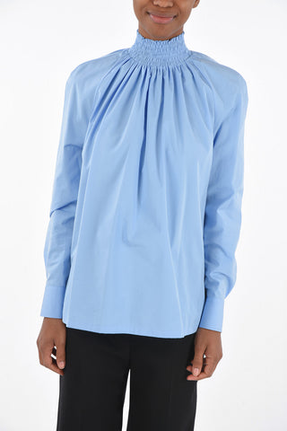 Curled Neck Cotton Blouse with Back Buttoning