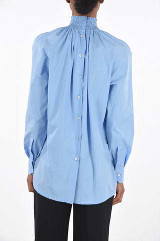 Curled Neck Cotton Blouse with Back Buttoning