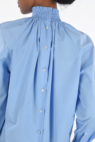 Curled Neck Cotton Blouse with Back Buttoning