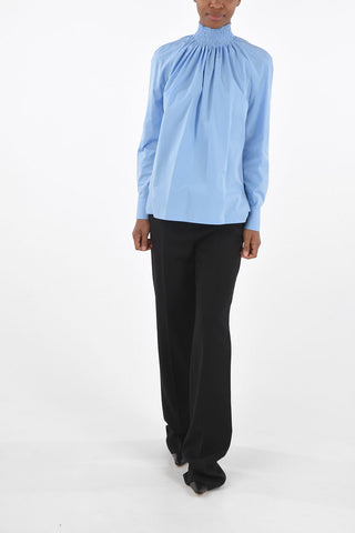 Curled Neck Cotton Blouse with Back Buttoning
