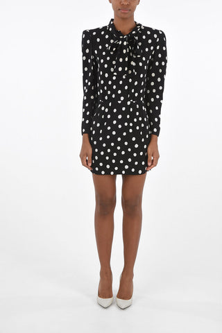 Long-sleeved Tie Neck Polka Dot Sheath Dress