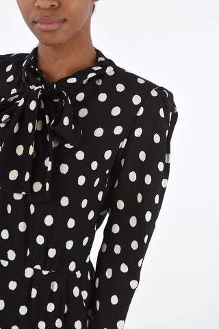 Long-sleeved Tie Neck Polka Dot Sheath Dress
