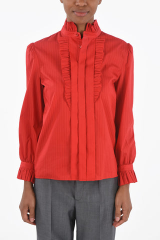 Pinstriped Tuxedo Shirt with Ruffled Neck