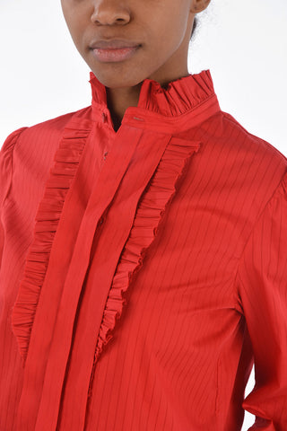 Pinstriped Tuxedo Shirt with Ruffled Neck
