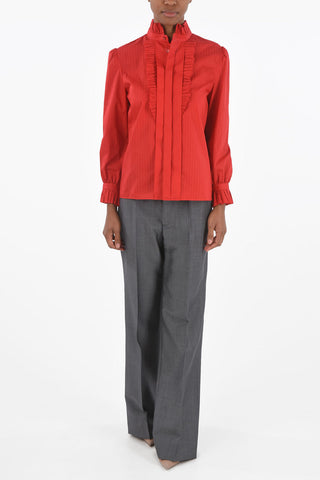 Pinstriped Tuxedo Shirt with Ruffled Neck