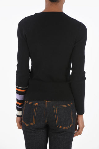 Crew Neck Wool and Cashmere Sweater with Multicolor Sleeve