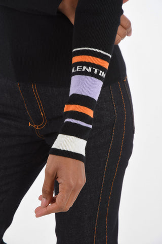 Crew Neck Wool and Cashmere Sweater with Multicolor Sleeve