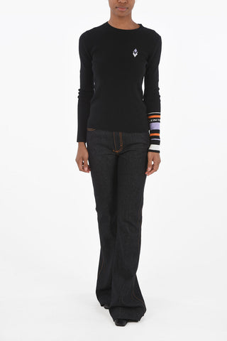 Crew Neck Wool and Cashmere Sweater with Multicolor Sleeve