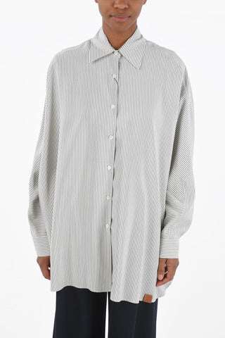 Pinstriped Oversized Silk Shirt with Batwing Sleeves