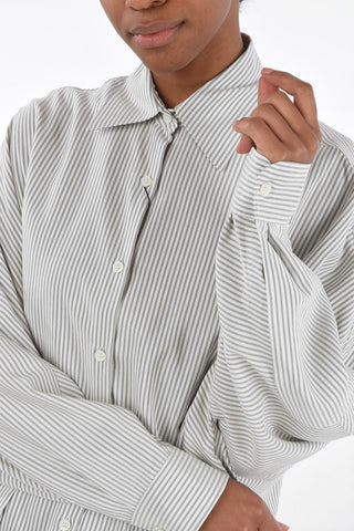 Pinstriped Oversized Silk Shirt with Batwing Sleeves