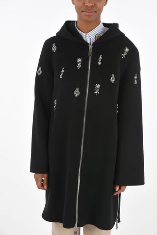 Unlined Wool Coat with Front Zip and Jewel Embroideries