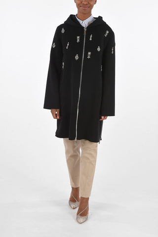 Unlined Wool Coat with Front Zip and Jewel Embroideries