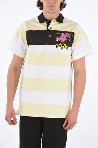 Polo Neck Striped Cotton Long T-Shirt with Prints