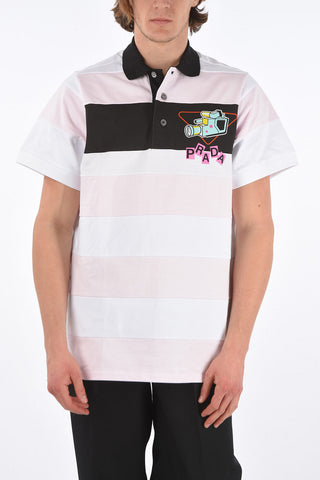 Polo Neck Striped Cotton Long T-Shirt with Prints