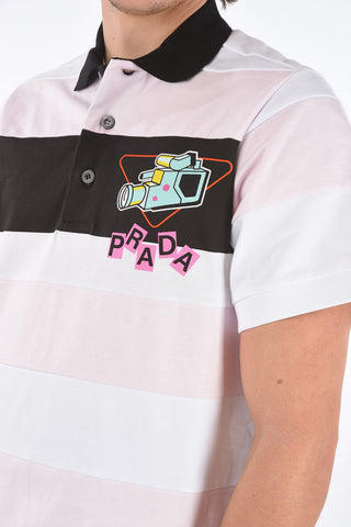 Polo Neck Striped Cotton Long T-Shirt with Prints