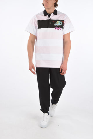 Polo Neck Striped Cotton Long T-Shirt with Prints