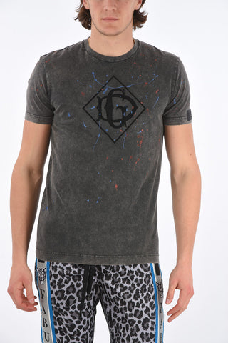 Crew Neck Discolored Effect T-Shirt with Printed Logo and Applications