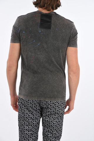 Crew Neck Discolored Effect T-Shirt with Printed Logo and Applications