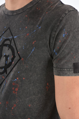 Crew Neck Discolored Effect T-Shirt with Printed Logo and Applications