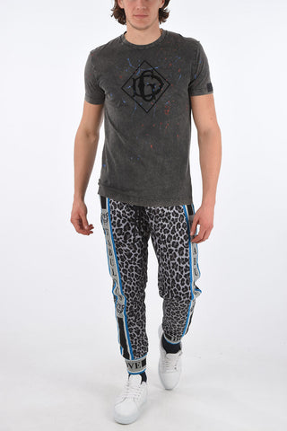 Crew Neck Discolored Effect T-Shirt with Printed Logo and Applications