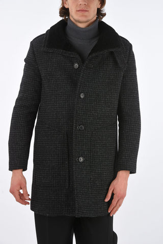 Houndstooth Wool Coat with Shearling Collar
