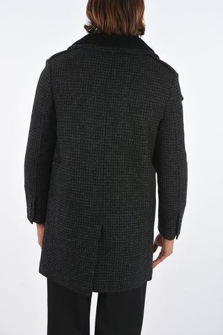 Houndstooth Wool Coat with Shearling Collar