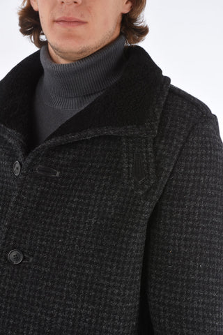 Houndstooth Wool Coat with Shearling Collar