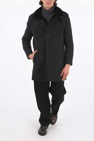 Houndstooth Wool Coat with Shearling Collar