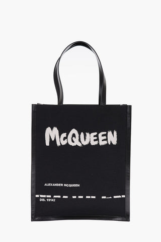 jacquard graffiti printed tote bag with leather details