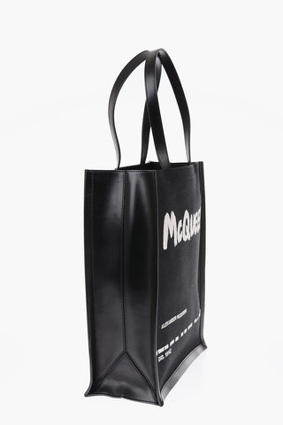 jacquard graffiti printed tote bag with leather details