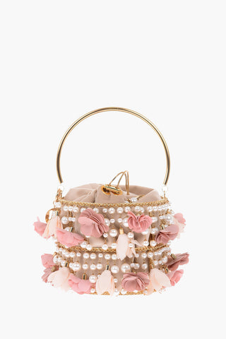 Flowers and faux pearl REA FRESIA mini tote bag