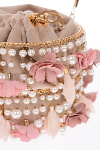 Flowers and faux pearl REA FRESIA mini tote bag