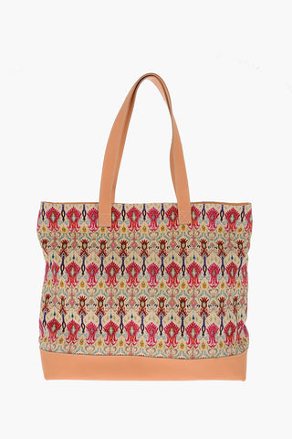 printed tote bag with leather trimmings