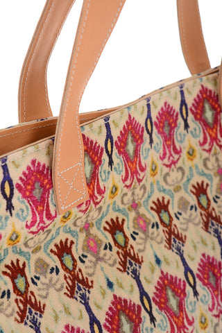 printed tote bag with leather trimmings