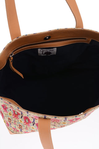 printed tote bag with leather trimmings