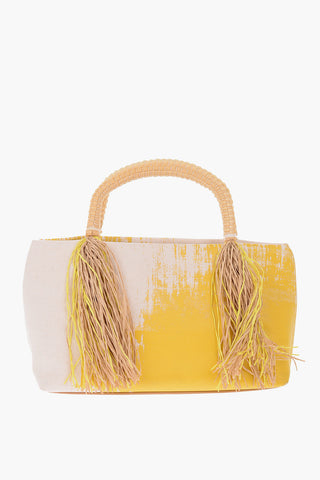 Printed Handbag with Raffia Fringes