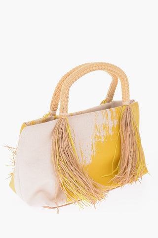 Printed Handbag with Raffia Fringes
