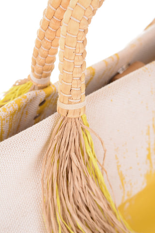 Printed Handbag with Raffia Fringes