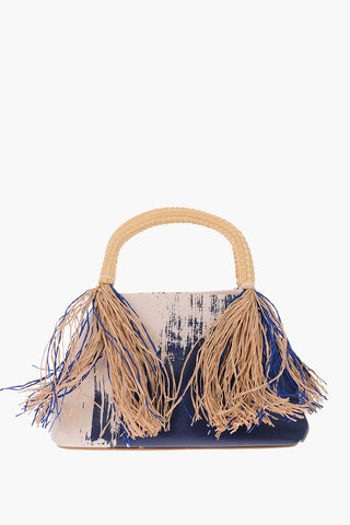 Borsa a Mano Stampata con Frange in Raffia