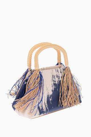 Borsa a Mano Stampata con Frange in Raffia