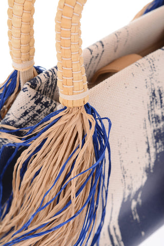 Borsa a Mano Stampata con Frange in Raffia