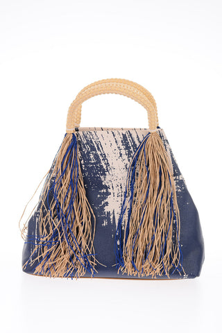Printed Tote Handbag with Raffia Fringes