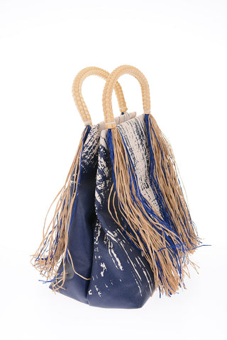 Printed Tote Handbag with Raffia Fringes
