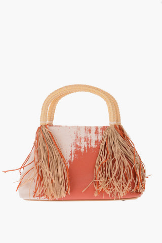 Printed Handbag with Raffia Fringes