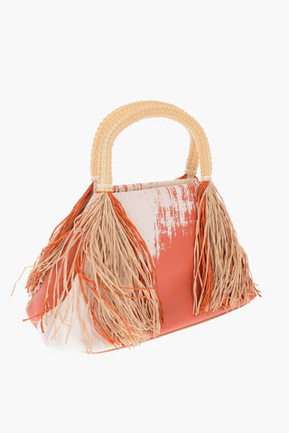 Printed Handbag with Raffia Fringes