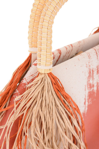 Printed Handbag with Raffia Fringes