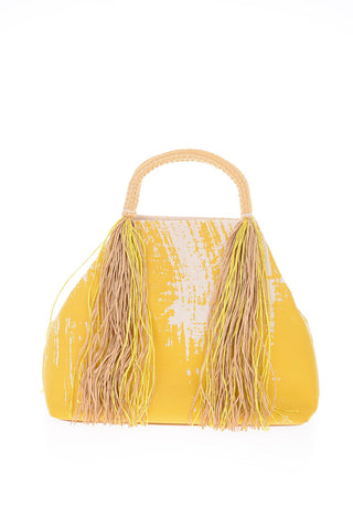 Printed Tote Handbag with Raffia Fringes