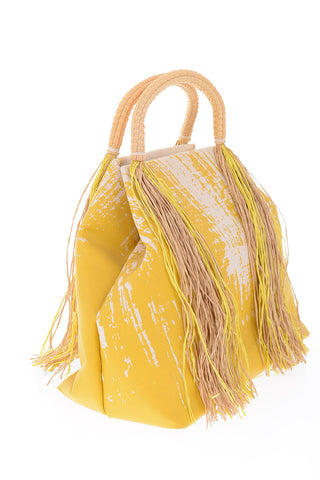 Printed Tote Handbag with Raffia Fringes