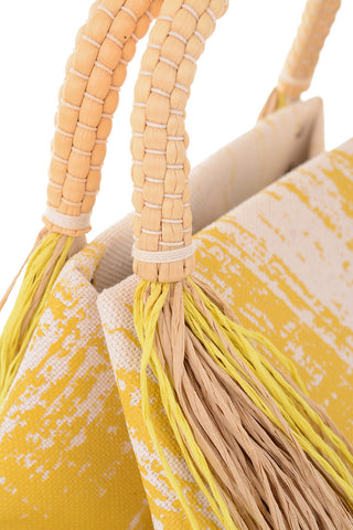 Printed Tote Handbag with Raffia Fringes